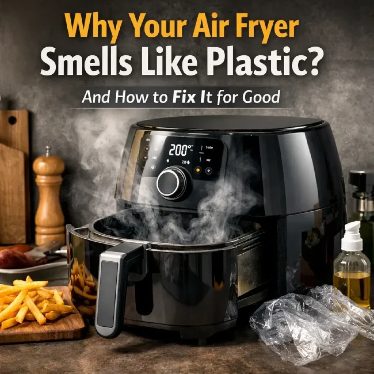 Can you cook food while the air fryer smells like plastic?